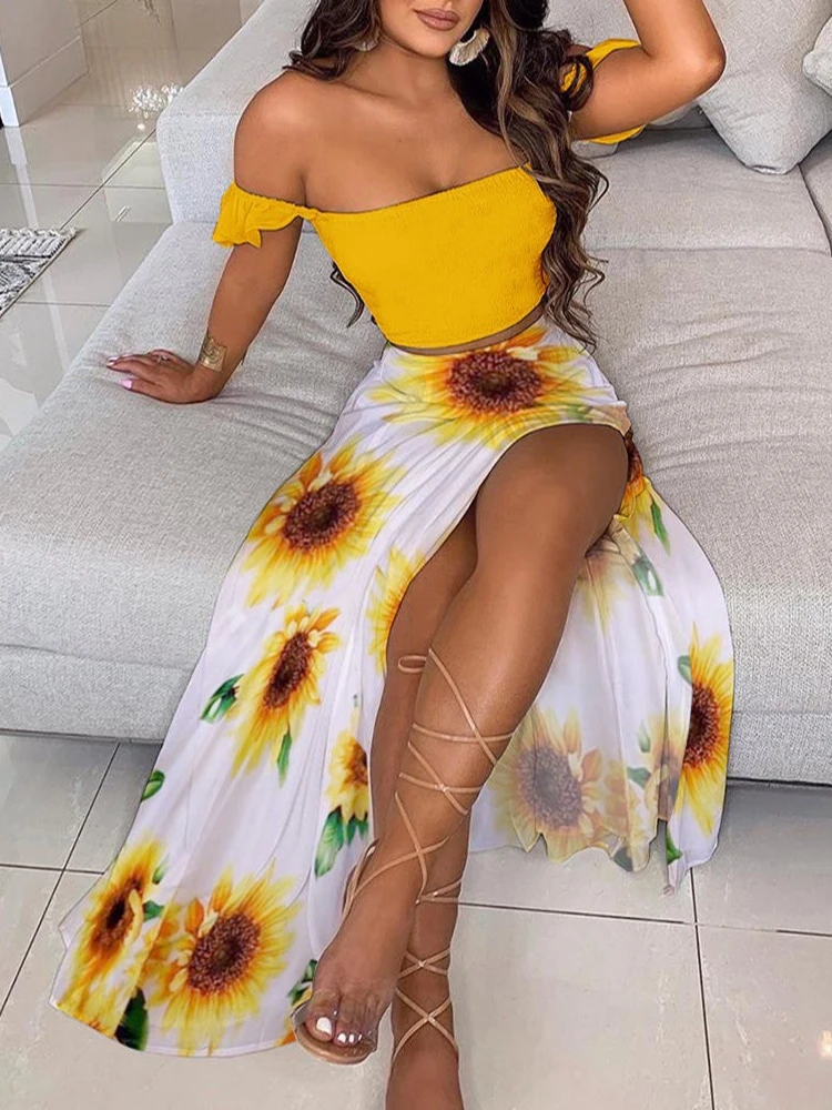 2-Piece Boho Chic Ensemble Off-Shoulder Smocked Tube Top&Floral High-Waist Split Maxi Skirt Summer Women Casual Wear Dress Sets