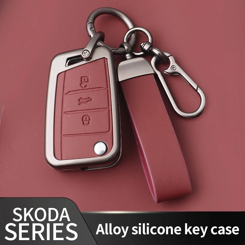 Car Key Case Cover for Skoda Kamiq Metal Leather Key Folding Shell Holder Keyless Protector Keychain Cover Car Accessories