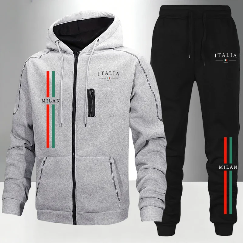 Fall Winter Daily Casual Sports Jogger Sportswear Men's Set/Coat/Pants Italy Fashion Tracksuit Zipper Hooded Coat & Sweatpants view 2