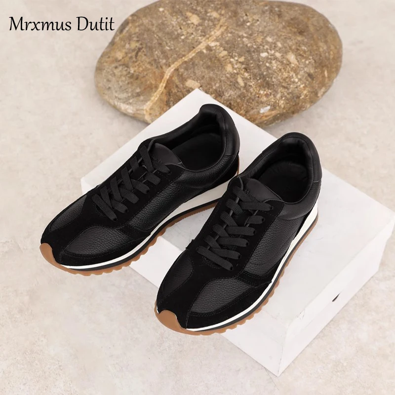 Mrxmus Dutit2024 Fashion New Women Splicing Genuine Leather Thick Sole Lacing Sneaker Flat Casual Shoes Comfort Versatile Female