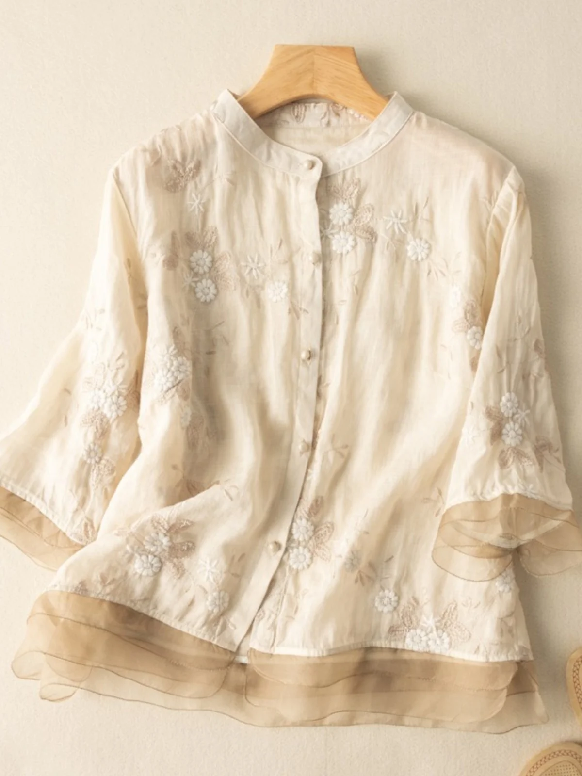 Retro Chinese Style Embroidered Linen Shirt Women's Fashion Age-Defying European Organza Patchwork Cotton Linen Top