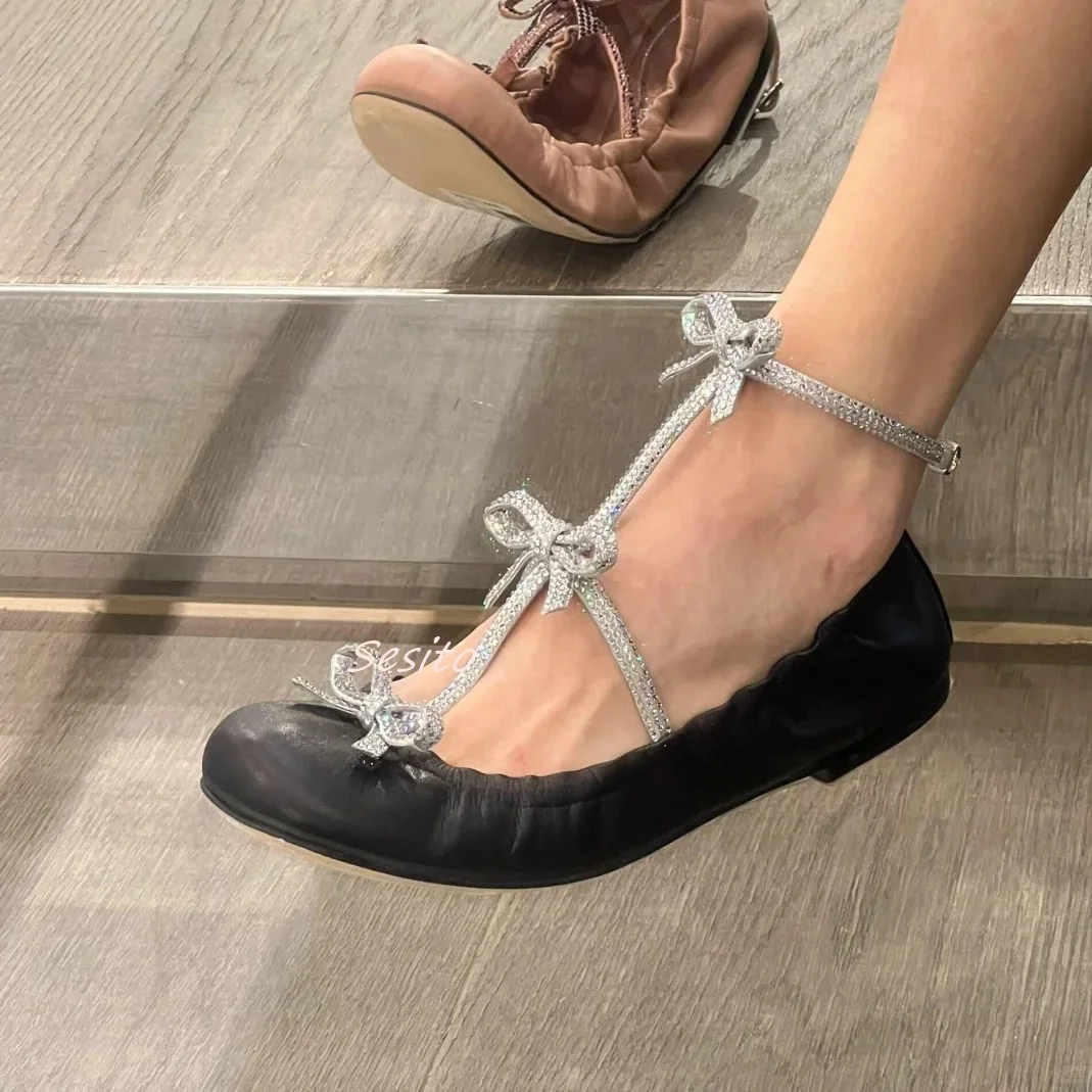 

Flat Rhinestone Bow Ballerina Round Toe T Straps Fashion Women Summer Comfort Sandals Ankle Straps Leather Sexy Dress Shoes