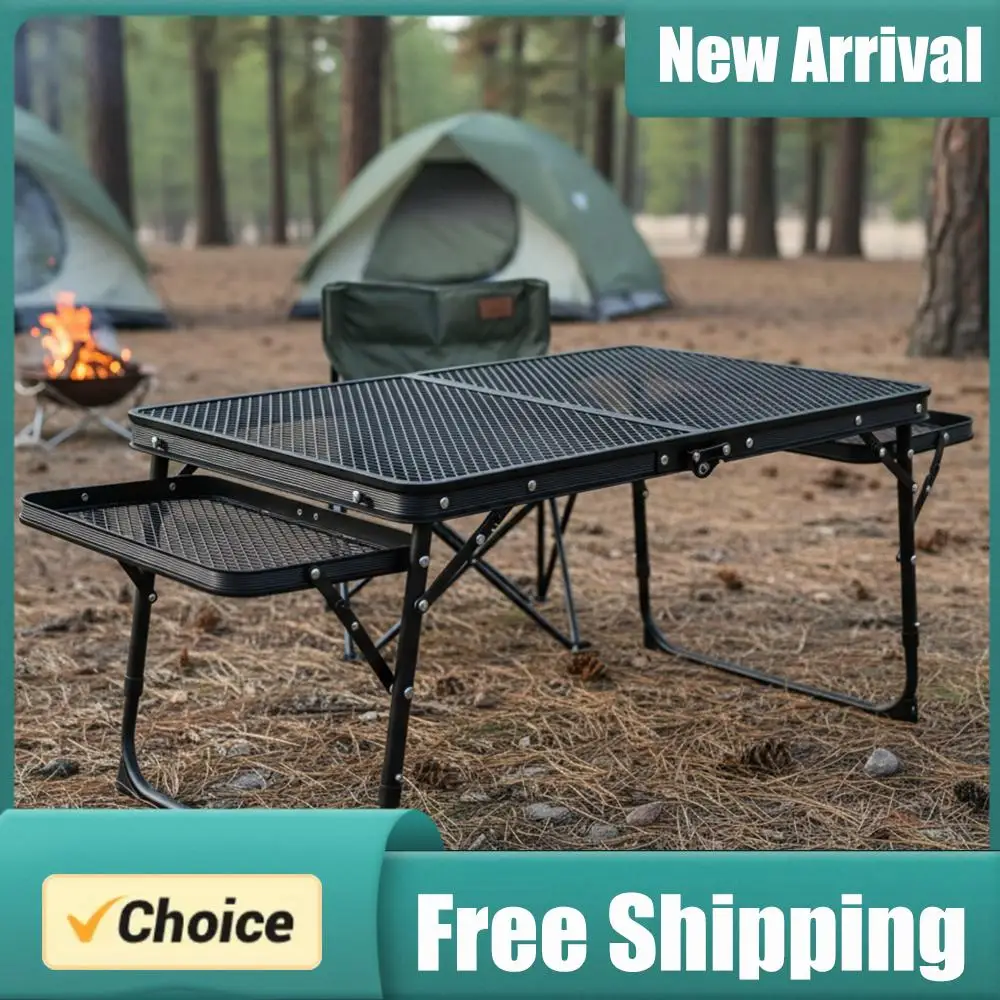 Folding Grill Table Height Adjustable Portable Picnic Table Carry Handle Mesh Desktop for Camping Picnic Beach and BBQ