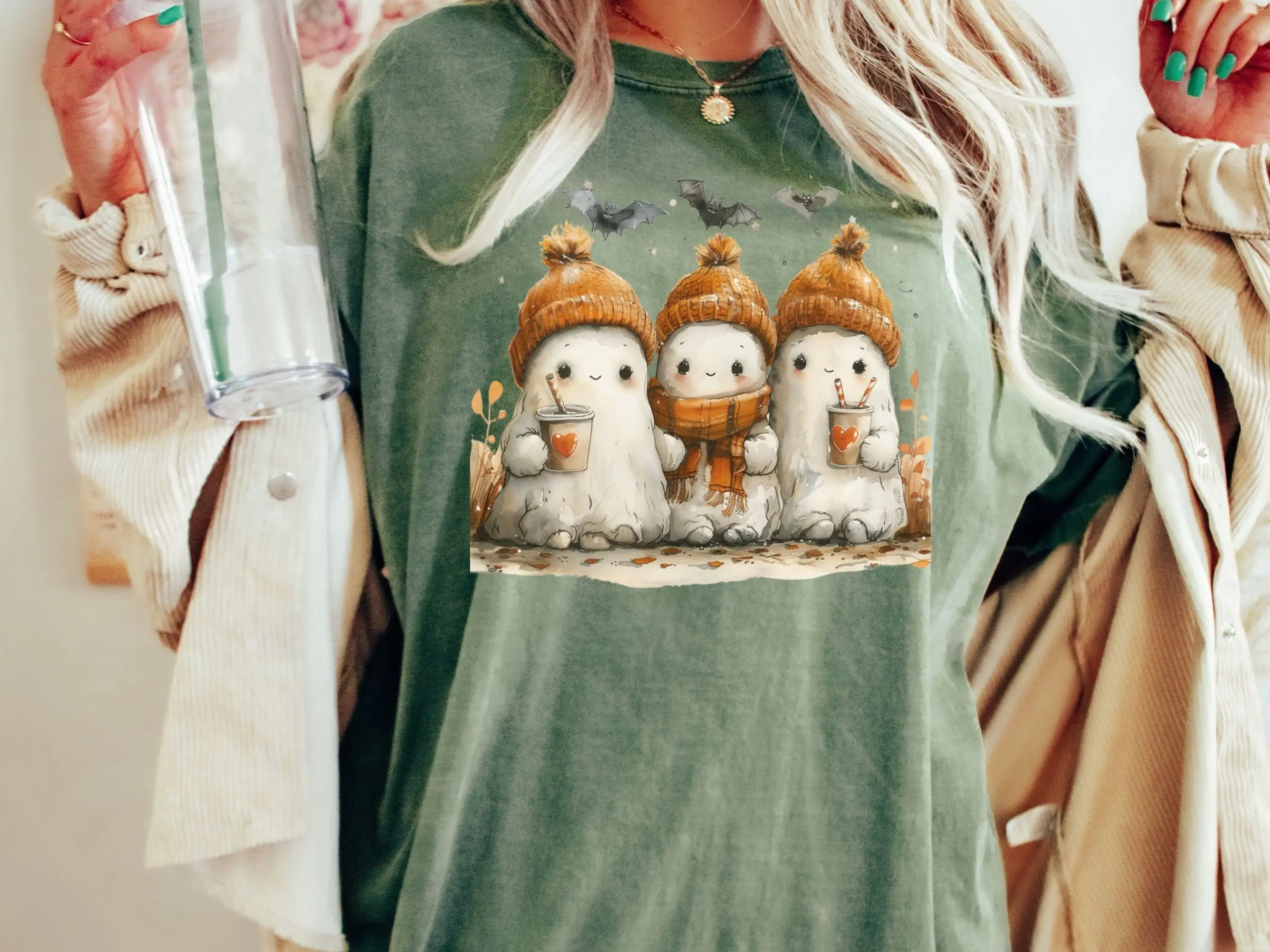 

Halloween Pumpkin Coffee T Shirt Cute Ghost Comfort Colors Bougie Here for the Boos Fall Spooky Season Spice