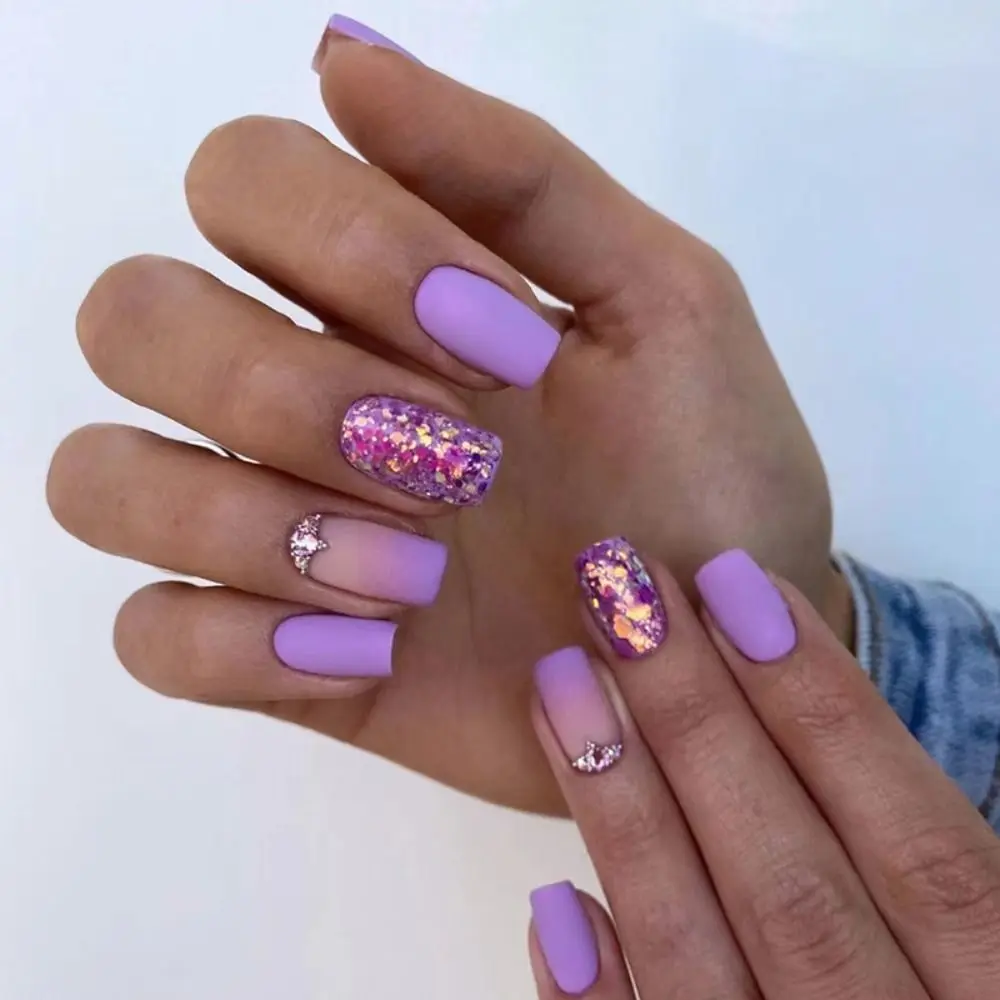 Moda longo quadrado unhas falsas glitter roxo verde cobertura completa imprensa em unhas francês ondulado destacável falso nials feminino meninas