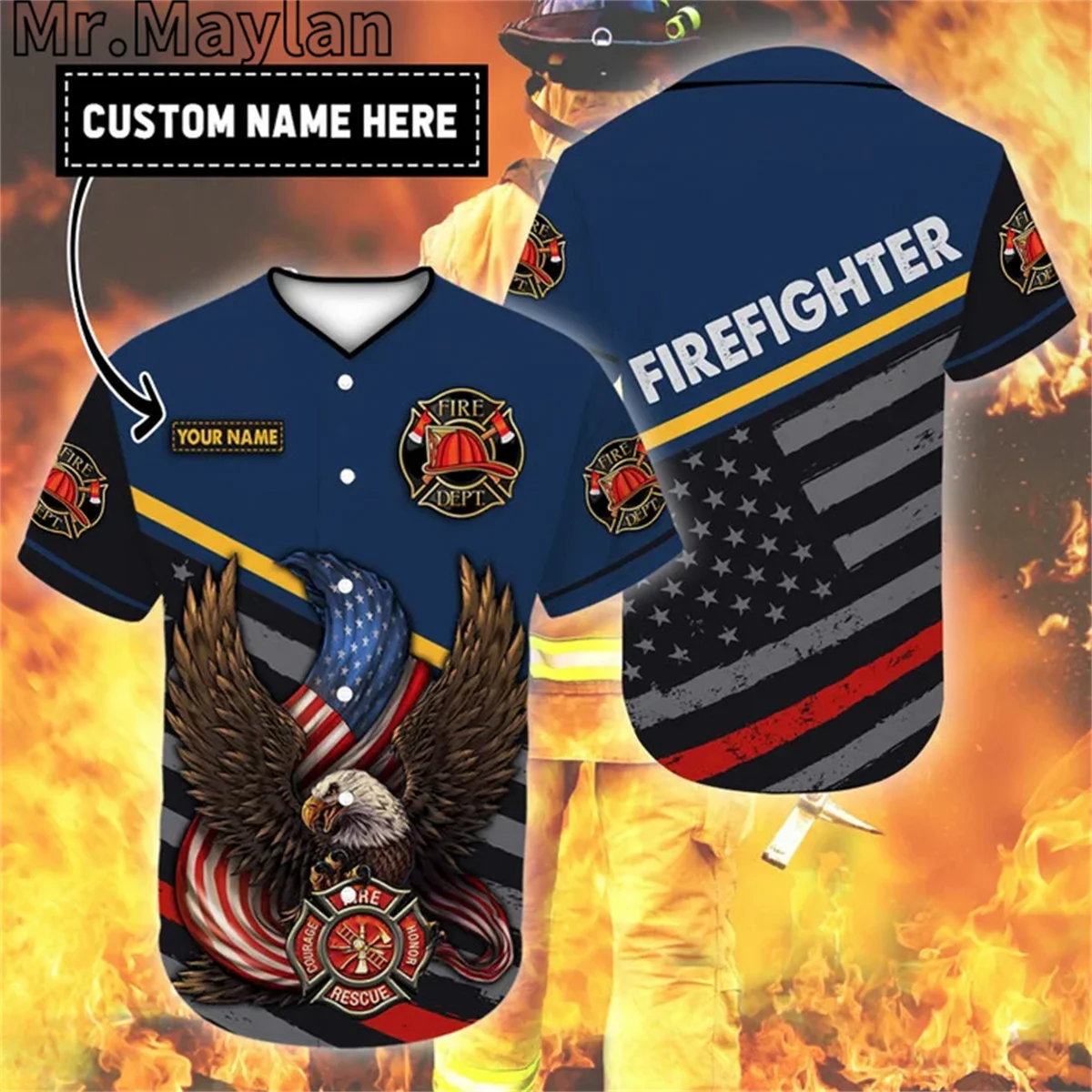 Custom Name Cosplay Costume Firefighter Eagle Baseball Tee Jersey Shirt 3D Firefighting Men's Shirt Casual Shirts hip hop Tops-5