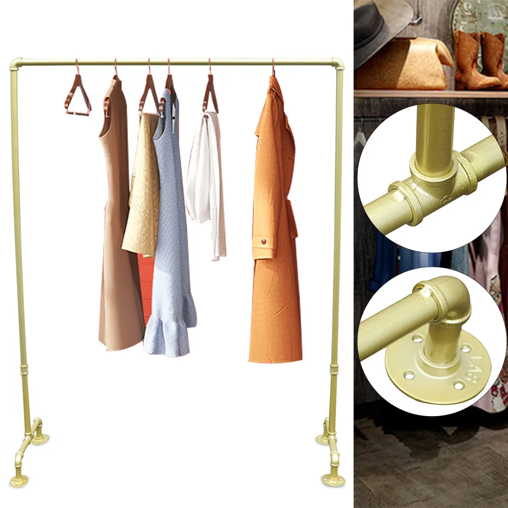 Gold Iron Industrial Pipe Clothing Rack, Clothing Floor Garment Display Stand, Clothes Hanger Organizer