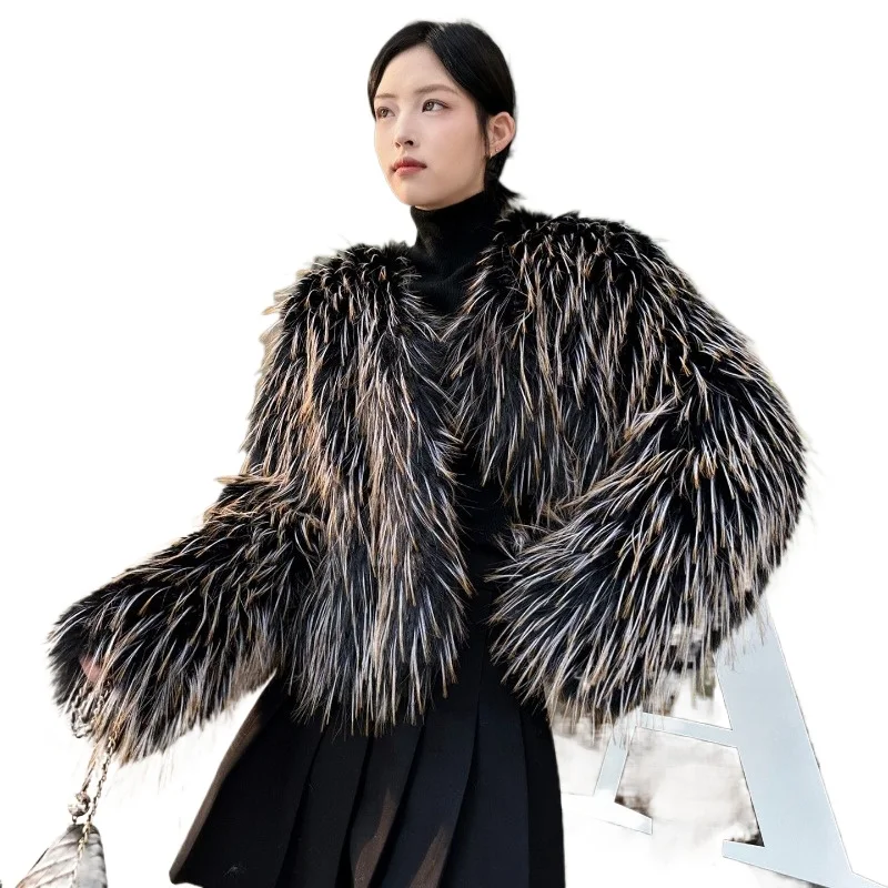 New High-end Environmentally Friendly Raccoon Fur Jacket Women's Short Young Fashion 2026 Long Hair Autumn and Winter Thickened