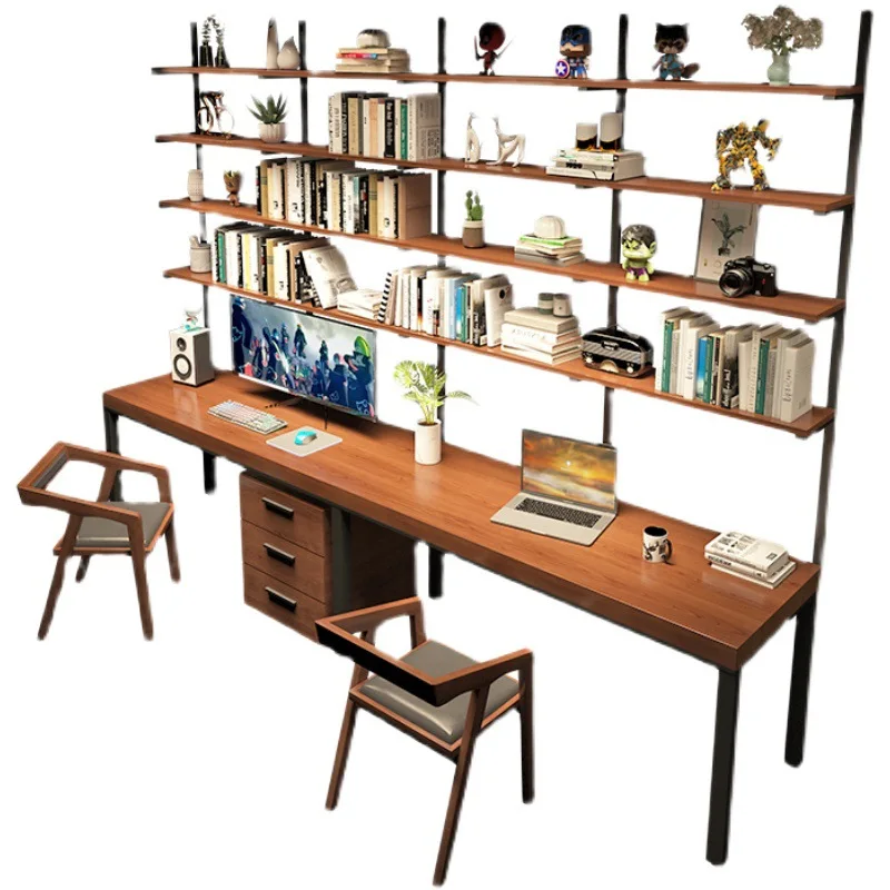 Solid wood desk, bookshelf, bookcase, integrated combination, double desktop computer desk, household bedroom writing study tabl