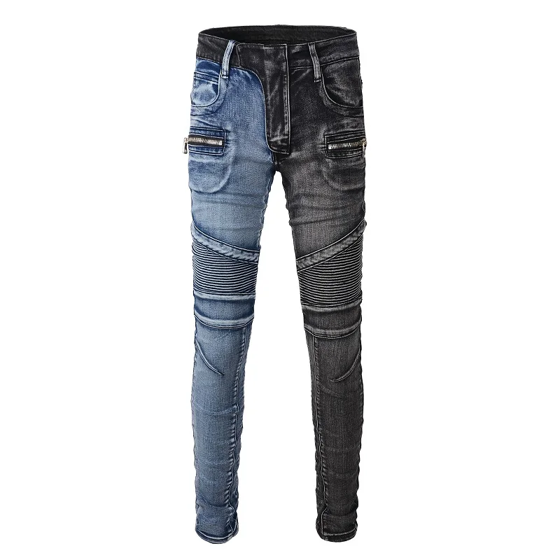 High Streetwear Classical Black Blue Patchwork Distressed Motorbike Ribs Patches Zippers Slim Stretch Ripped Jeans Pants Men