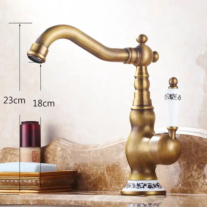 Antiek Messing Badkamer Aanrecht Kraan Dekmontage Warm en koud Kraan Vanity Sink Mengkranen Blauw en wit porseleinen handvat