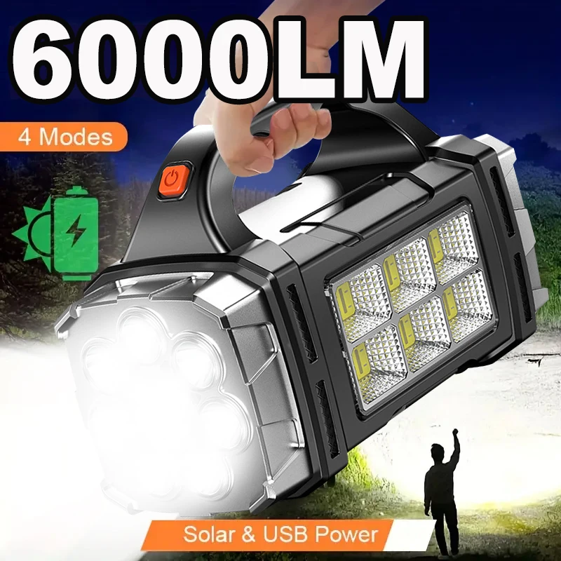 6000LM Solar LED Flashlight COB Camping Lantern Work Light USB Charging Torch Light Waterproof Portable Searchlight Power Bank