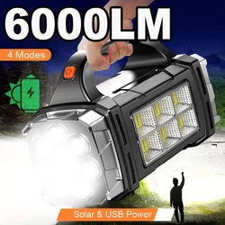 6000LM Solar LED Flashlight COB Camping Lantern Work Light USB Charging Torch Light Waterproof Portable Searchlight Power Bank