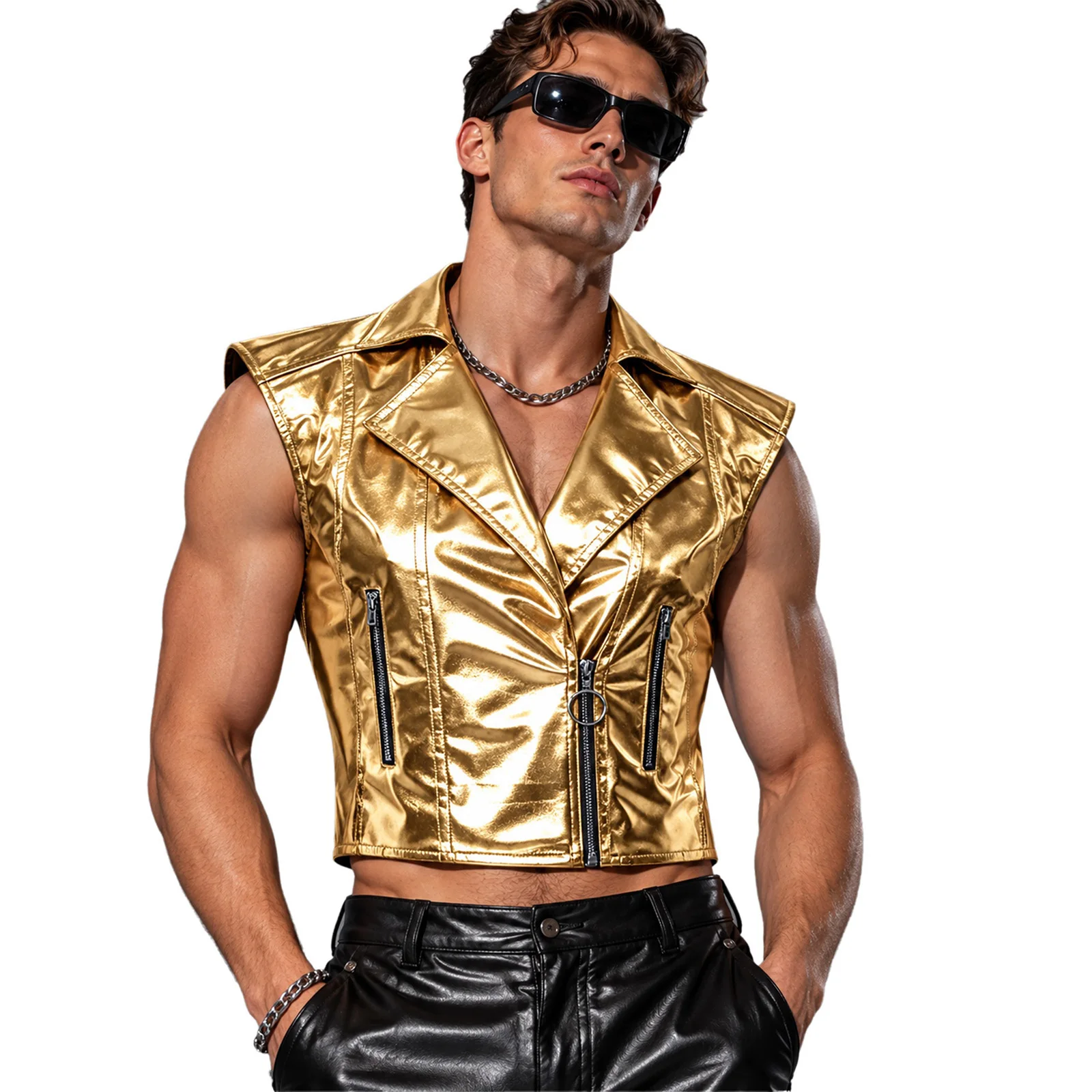 Men Metallic Disco Jazz Waistcoat for Modern Hip Hop Dance Stage Performance Sleeveless Ziper Vest Punk Jazz Motorcycle Tank Top
