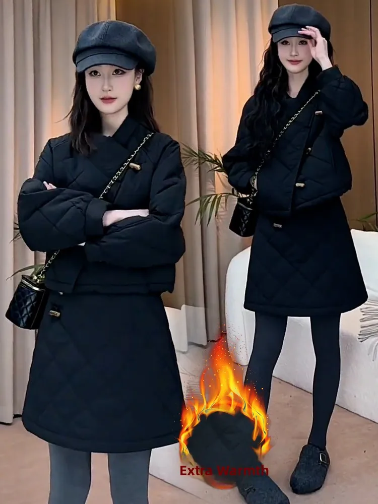 Damski dwuczęściowy zestaw sportowy na zimę, nowy płaszcz, spódnica z podkreśleniem talii, ciepły komplet z włókna poliestrowego, długi rękaw.