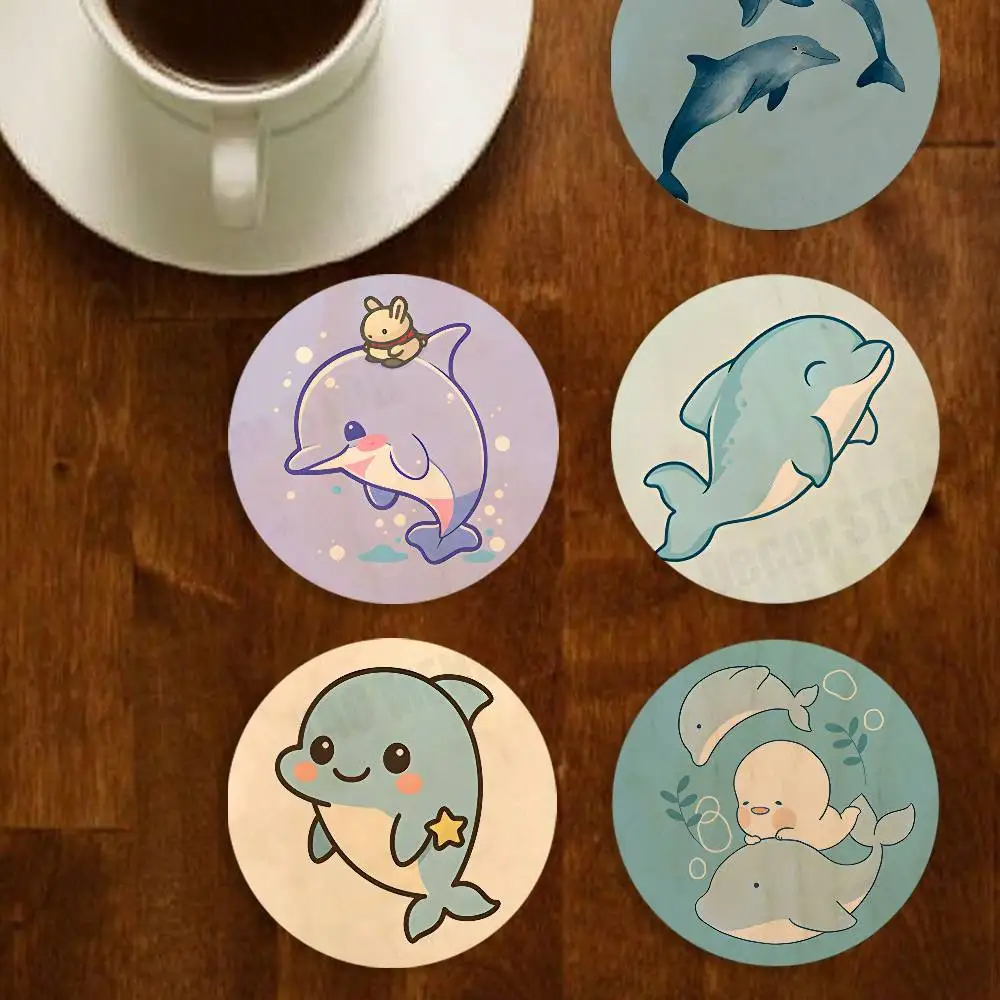 

kawaii Small Dolphin Cut Round Wooden Coasters For Cute Design Suitable for Drinks Tea,Coffee Home Gift Choice Holidays