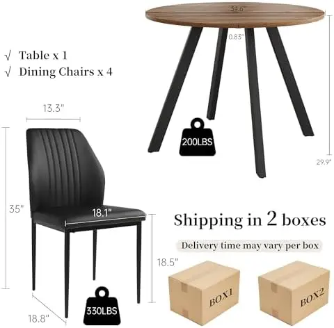 34.6'' Round Dining Table and Chairs for 4 Space Saving for Apartment Kitchen Dining Room (Walnut Table+4 Black Chairs)
