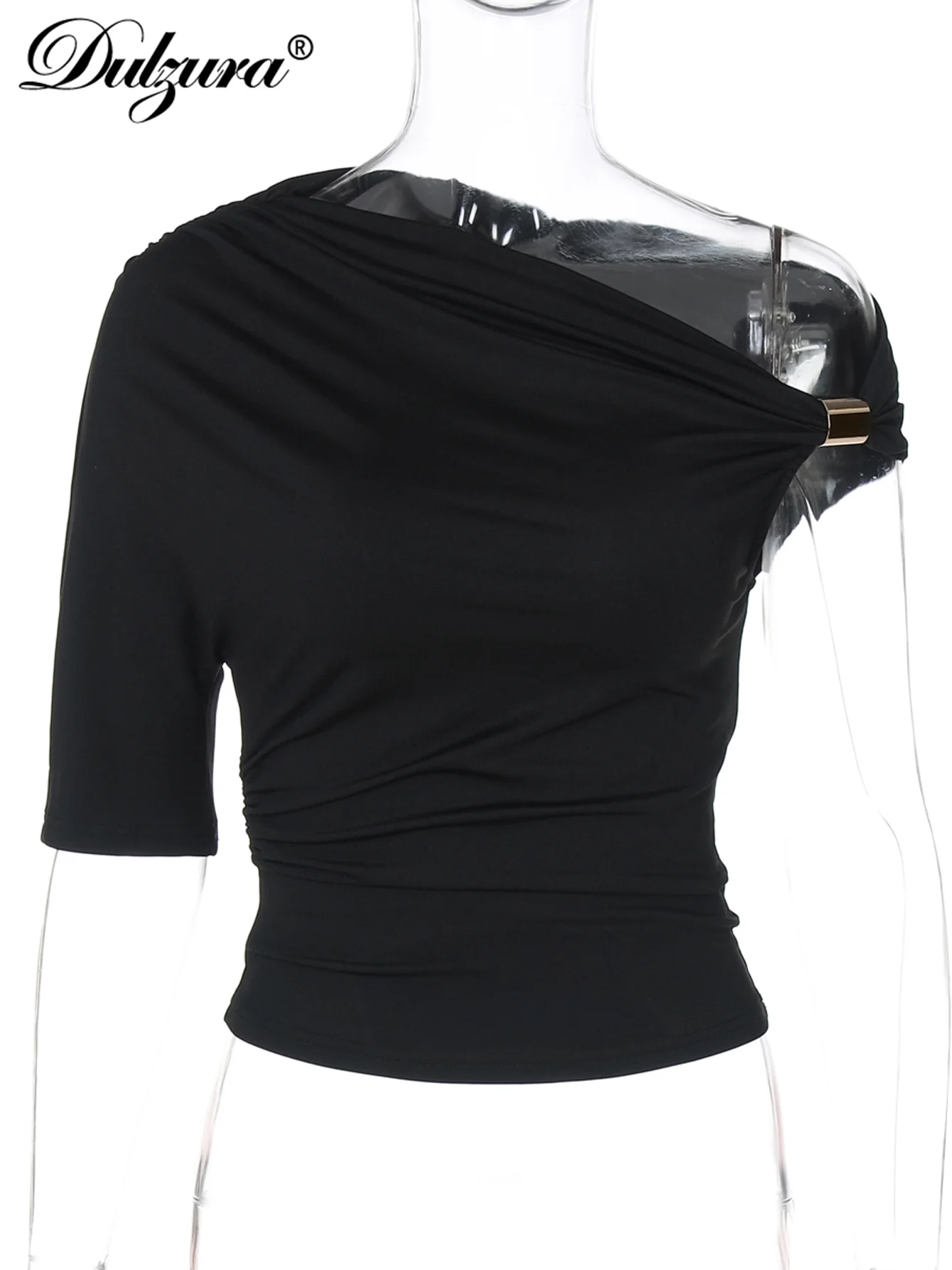 Dulzura スキューカラー半袖シャーリングメタル Tシャツ女性の固体カジュアルエレガントな Y2K トップスクラブストリート夏服卸売