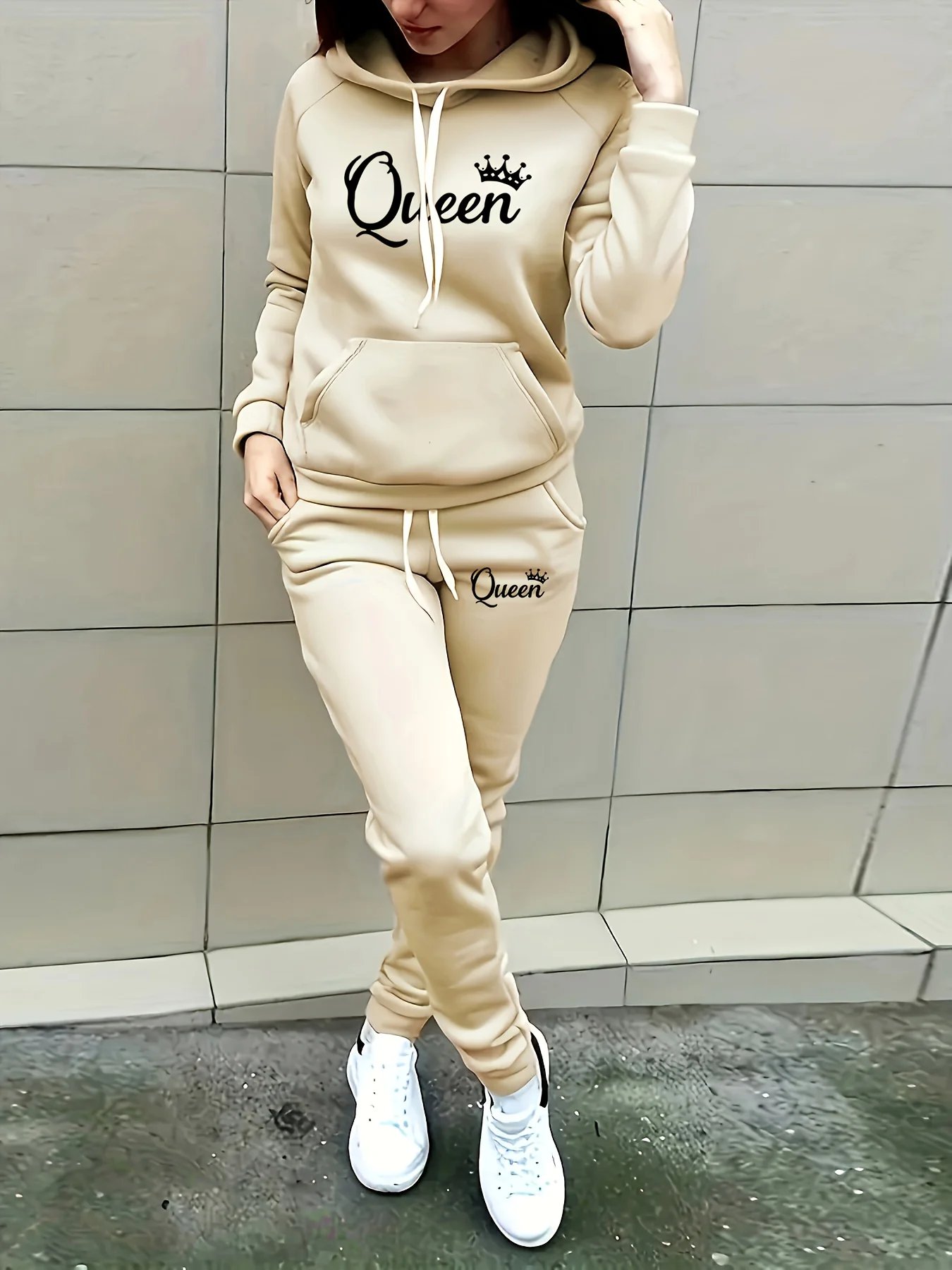 Damen Herbst/Winter Hoodie + Sporthose Set Hip Hop Street Casual Queen Print Mode Samt Warme Kleidung