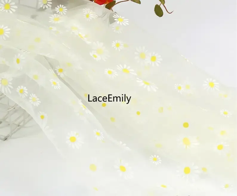 9 Colors Daisy Flower Print Organza lace fabric tulle fabric for Bridal Dress Girl Dress, Party Dress, Baby Dress 59