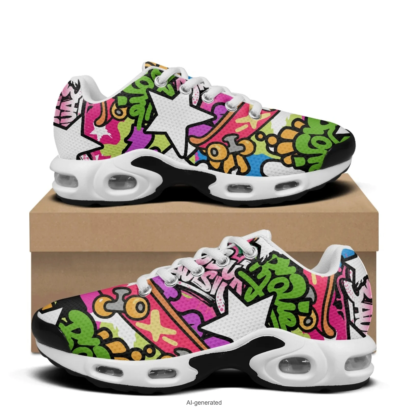 

XIXIRIMIDO Graffiti Air-Cushioned Sneakers Women's Running Shoes Men's Commuter Shoes Lightweight Breathable Soft Comfortable
