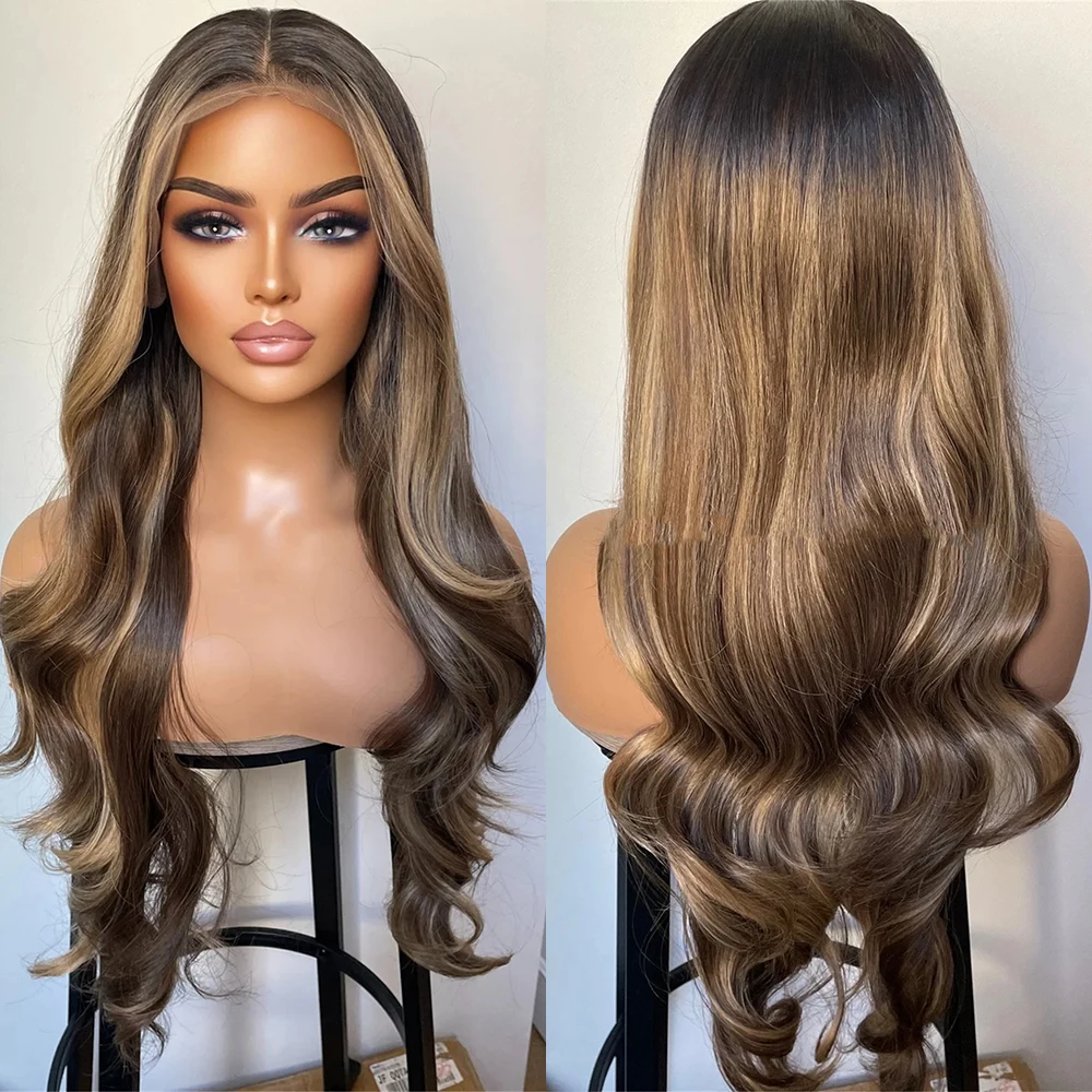 

Темно-коричневый блондин, смешанный 13x4, синтетический парик спереди, рельестический, предварительно выщипанный, многослойный, 24-дюймовый, парик для женщин, натуральный парик