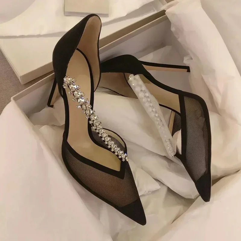 Diamond black high heels 2025 summer new style socialite sexy banquet shoes pointed thin heel hollow leather single shoes