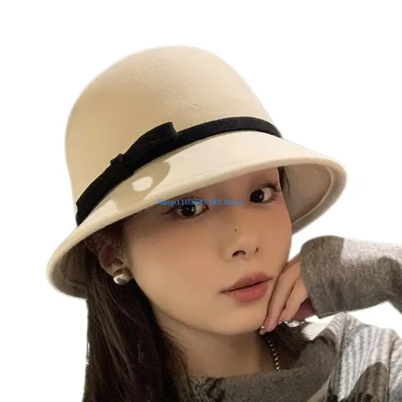 

P88B Handmade Bowknot Belt Woolen Hat British Princess Woolen Hat Beach Cloche Hat