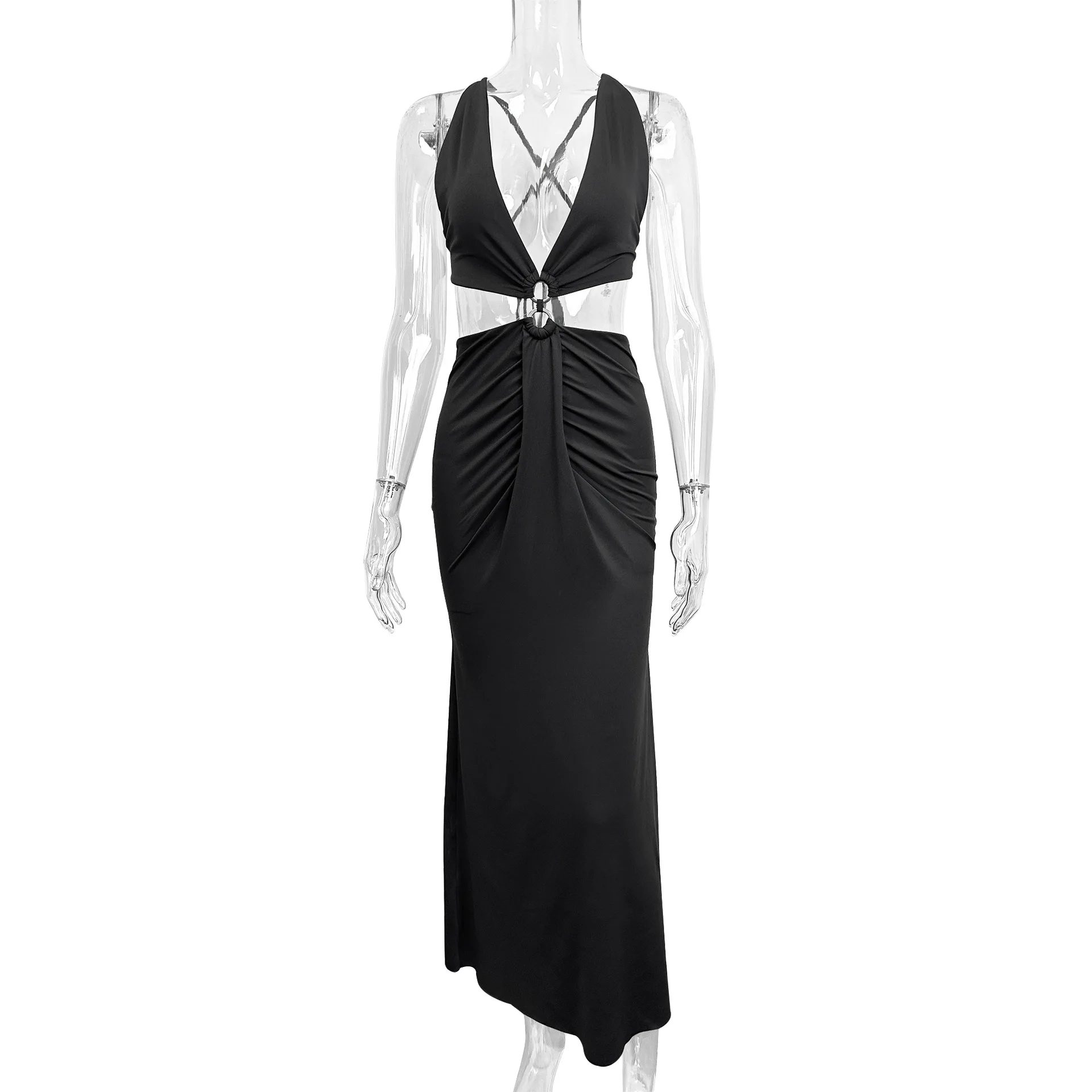 2024 Grensoverschrijdende Nieuwe Mode Dameskleding Amazon Herfst Europese En Amerikaanse Sexy Cut-out Lace-up Backless Diepe V Jurk