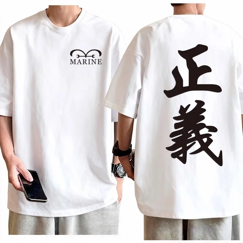 One Piece Marine Justice T-Shirt für Herren, Oversize-Baumwoll-T-Shirt mit Anime-Grafik, lässige Streetwear, Logo, atmungsaktiv, locker sitzendes Oberteil