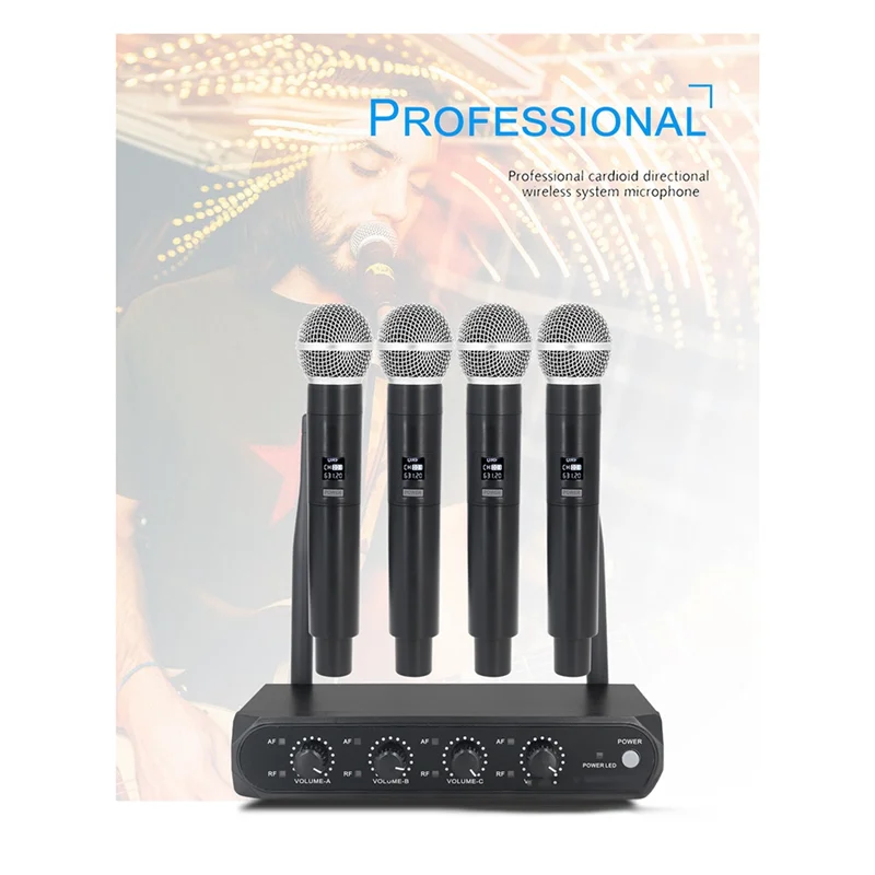 

Professional Wireless Microphone System UHF 4 Channel Plastic For Stage, Home Parties, Churches-AU47