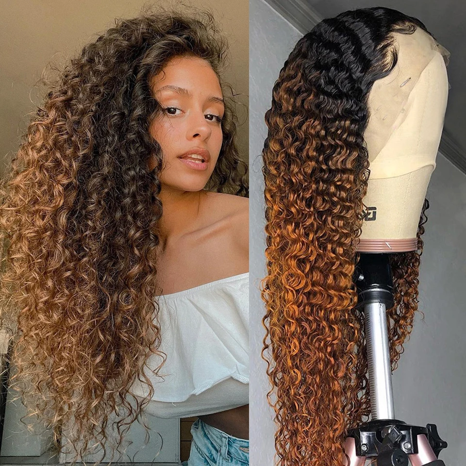 Ombre 1 b30 braune lockige Spitze Front Echthaar Perücken mit Babyhaar vor gezupft brasilia nischen Remy Haar 13x4 Spitze Frontal Perücke für Frauen