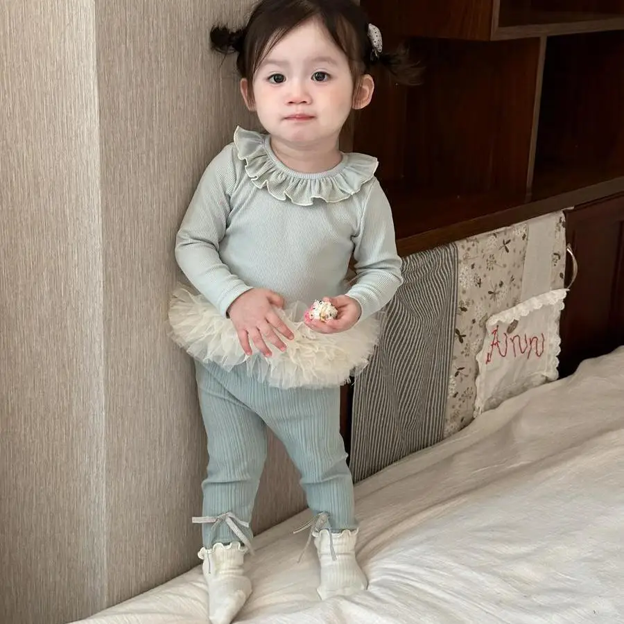 

2024 New Korean Casual Simple Baby Girl Sweet Suit Autumn Baby Cotton Collar Puffy Gauze Skirt Bow Leggings 2-piece Set