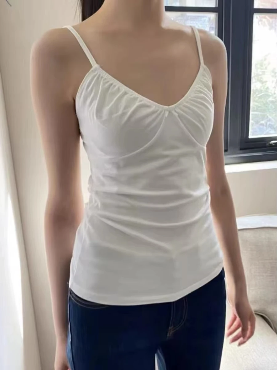 Canotta slim con pieghe con fiocco bianco Canotta estiva da donna sexy con scollo a V senza maniche Canotta semplice di base Dolce chic stile preppy Gilet casual Nuovo