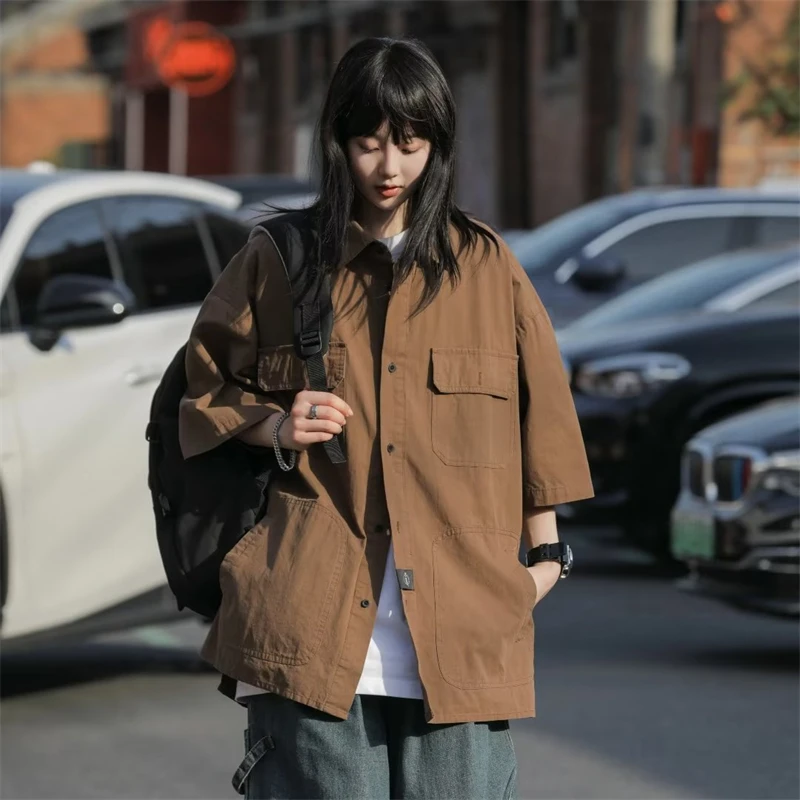 Outdoor Workwear Short-sleeved Shirt Boys Summer Japanese Cityboy Harajuku Brown Shirt Hong Kong Style Oversized Solid Color Top