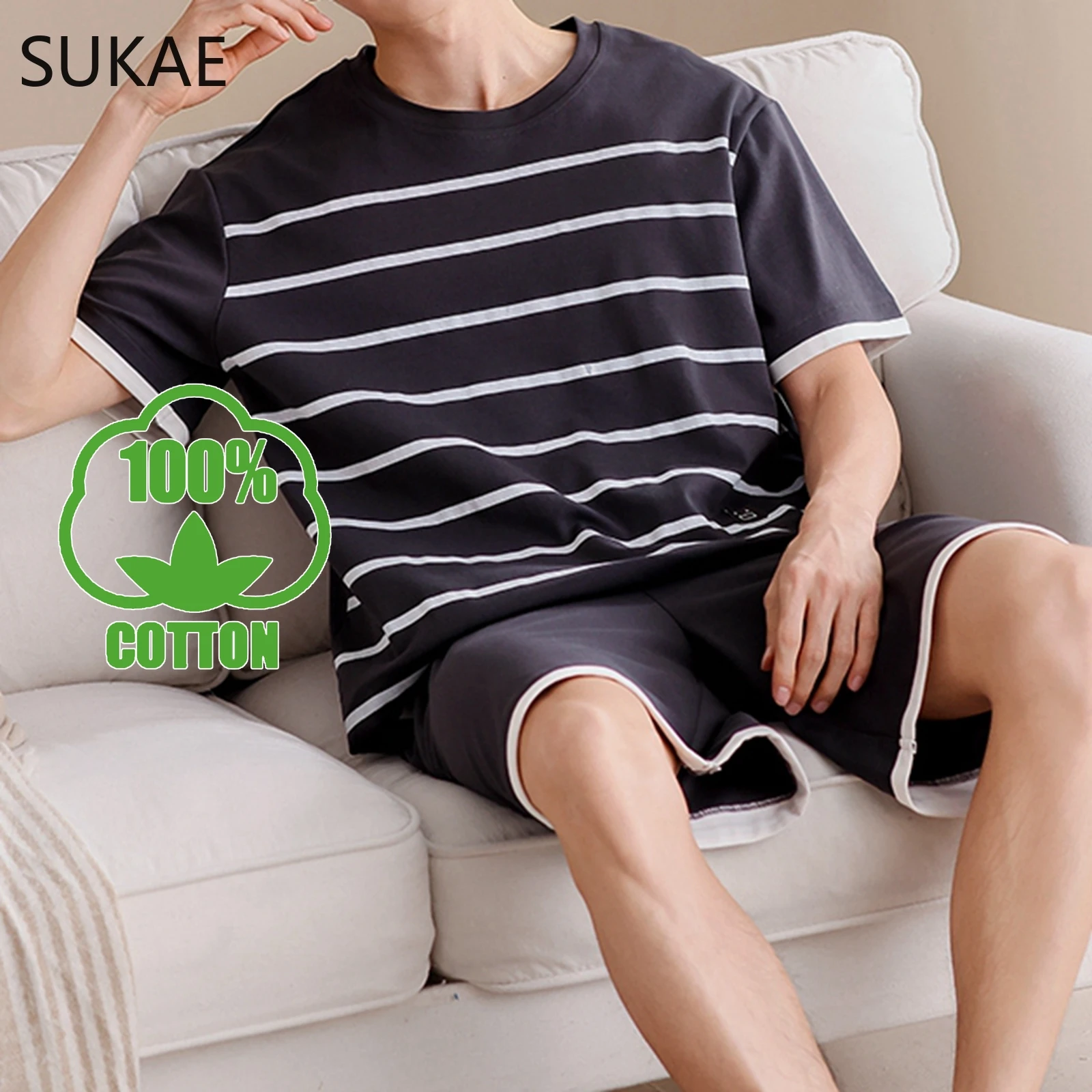 

100% хлопок! Летние шорты, одежда для сна для мужчин, домашняя одежда для отдыха, черная полосатая повседневная одежда для дома, дышащая хлопковая ночная рубашка