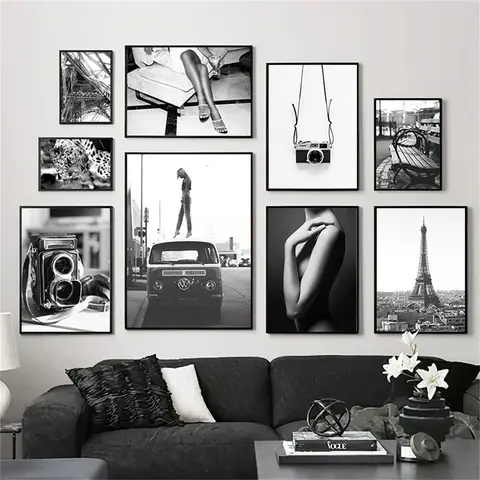 Black And White Poster Paris Tower Fashion Woman Canvas Art Painting Vintage Camera Print Nordic Wall Pictures Living Room Decor