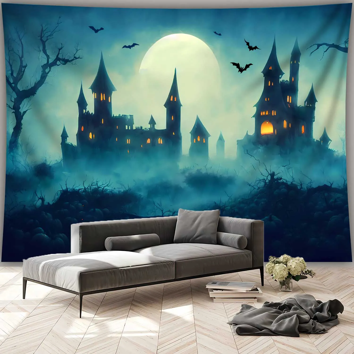 tapestry Gothic Misty Castle Tapestry - Spooky Halloween Decor with Full Moon, Bats & Haunted Castle Print - Soft Polyester