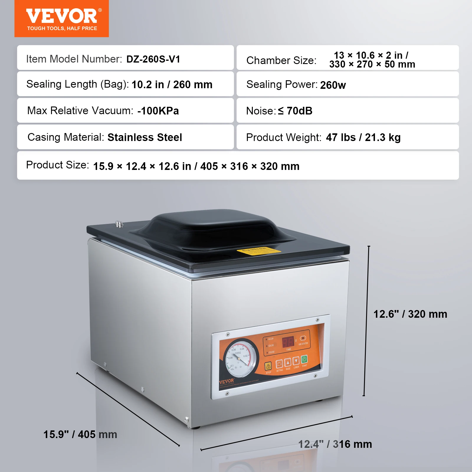 SucceBuy DZ-260S Kamer Vacuümsealer 260W Vacuümverpakkingsmachine met 10,2" afdichtingslengte voor nat voedsel Vlees Thuiskeuken