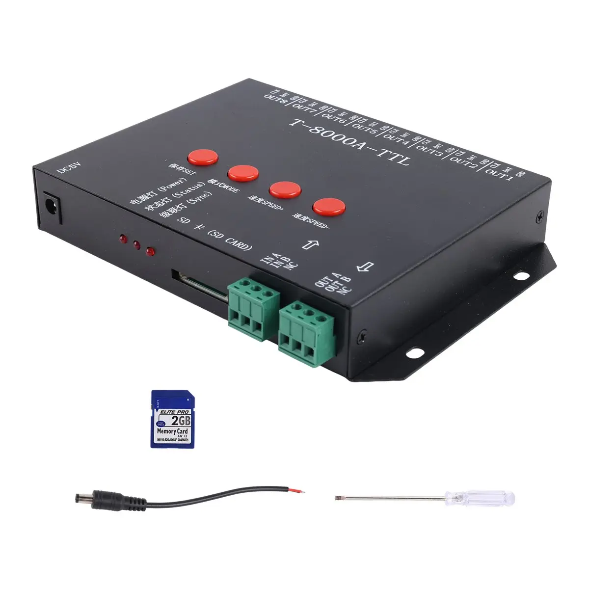 Y918A*☀▃T-8000 TTL LED Pixel Controller DC5/12-24V with 2GB SD Card for Various LED Strip Lights