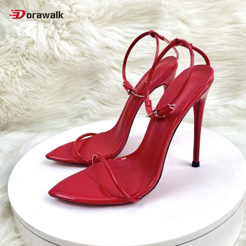 

Модные пикантные женские туфли из красного платья 12 см, сандалии с ремешком на щиколотке, элегантные женские свадебные туфли на высоком каблуке с острым носком, OL