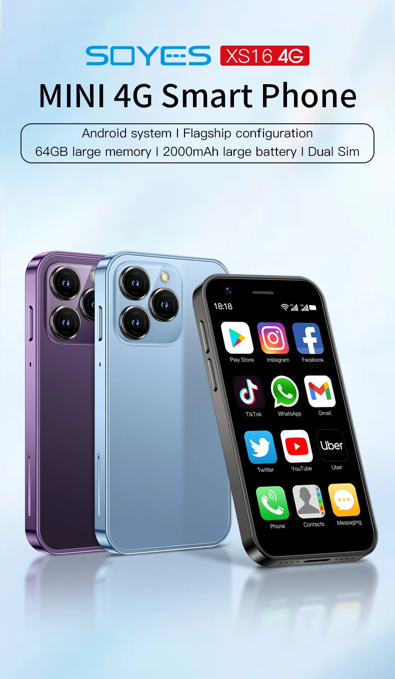 ONEMYTH XS16 Mini Smartphone 3.0'' Screen Quad Core 2000mAh LTE 4G Dual SIM Type-C Android 10.0 Small Mobile CellPhone