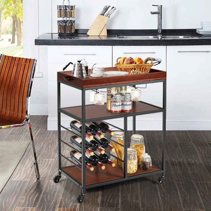 Sturdy and durable 3-Tier ample storage shelves Trolley 3 Tiers Storage Bar Serving Cart with Wine Rack