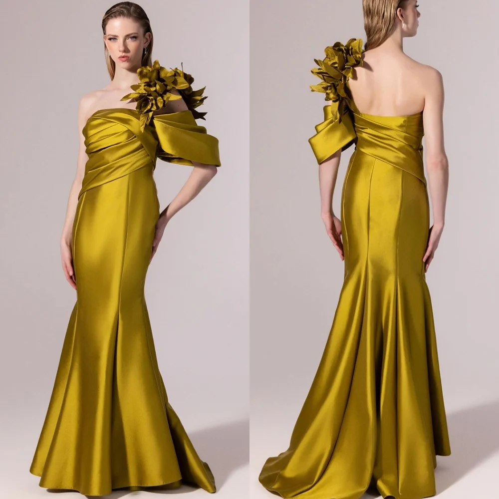 تخصيص مزاجه الأصفر الساتان فساتين المشاهير الرسمية كتف واحد Ruched الزهور حورية البحر سستة الظهر Vestido De Noche #3