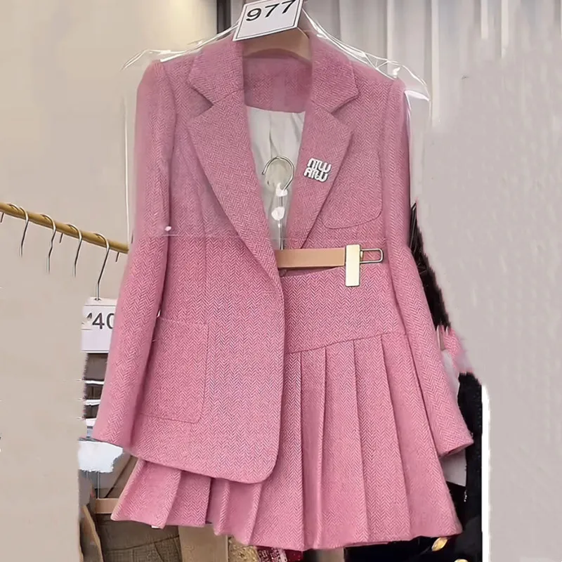 

Autumn new style small fragrance retro fashion temperament two-piece set spliced high-end suit top+pleated skirt set