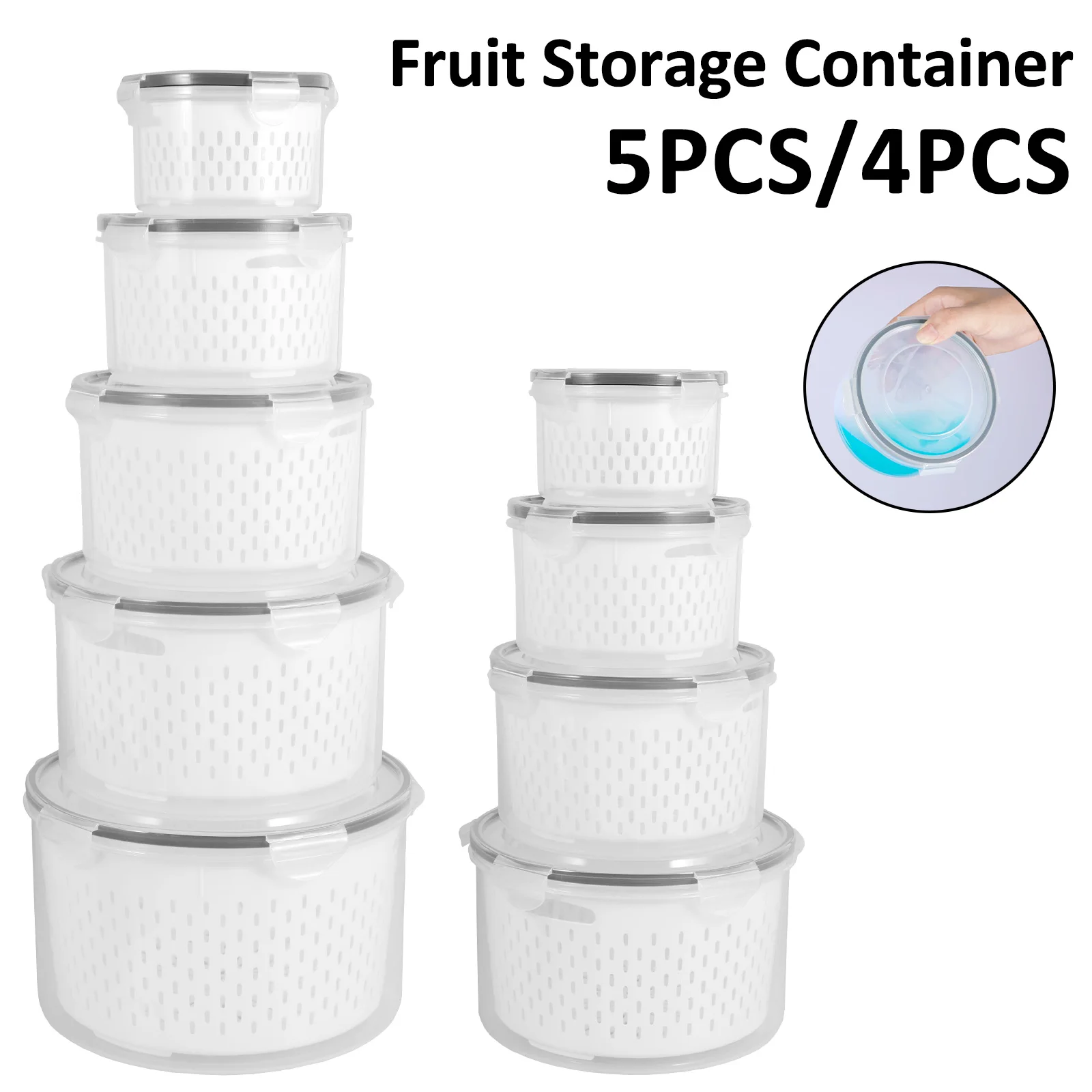 4/5Pcs Fridge Storage Containers with Lids Clear Fridge Fruit Storage Boxes with Drain Tray Different Sizes Airtight Food