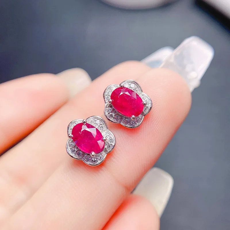 Ladies Stud Earrings Natural Genuine Ruby with Certificate Gemstone Pure S925 Silver 7*5mm