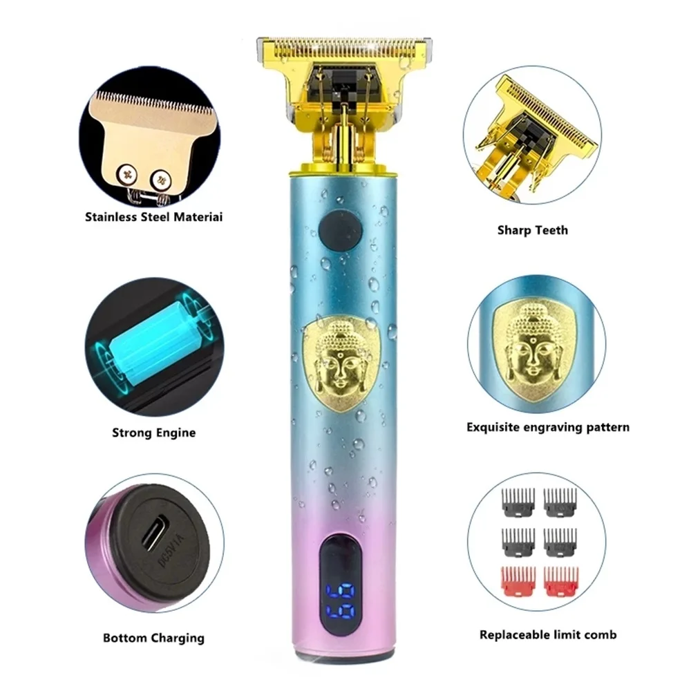 ماكينة تشذيب الشعر الاحترافية T9 للرجال - جسم ملون ناعم الملمس، LED، شفرة حادة، ماكينة قص محمولة