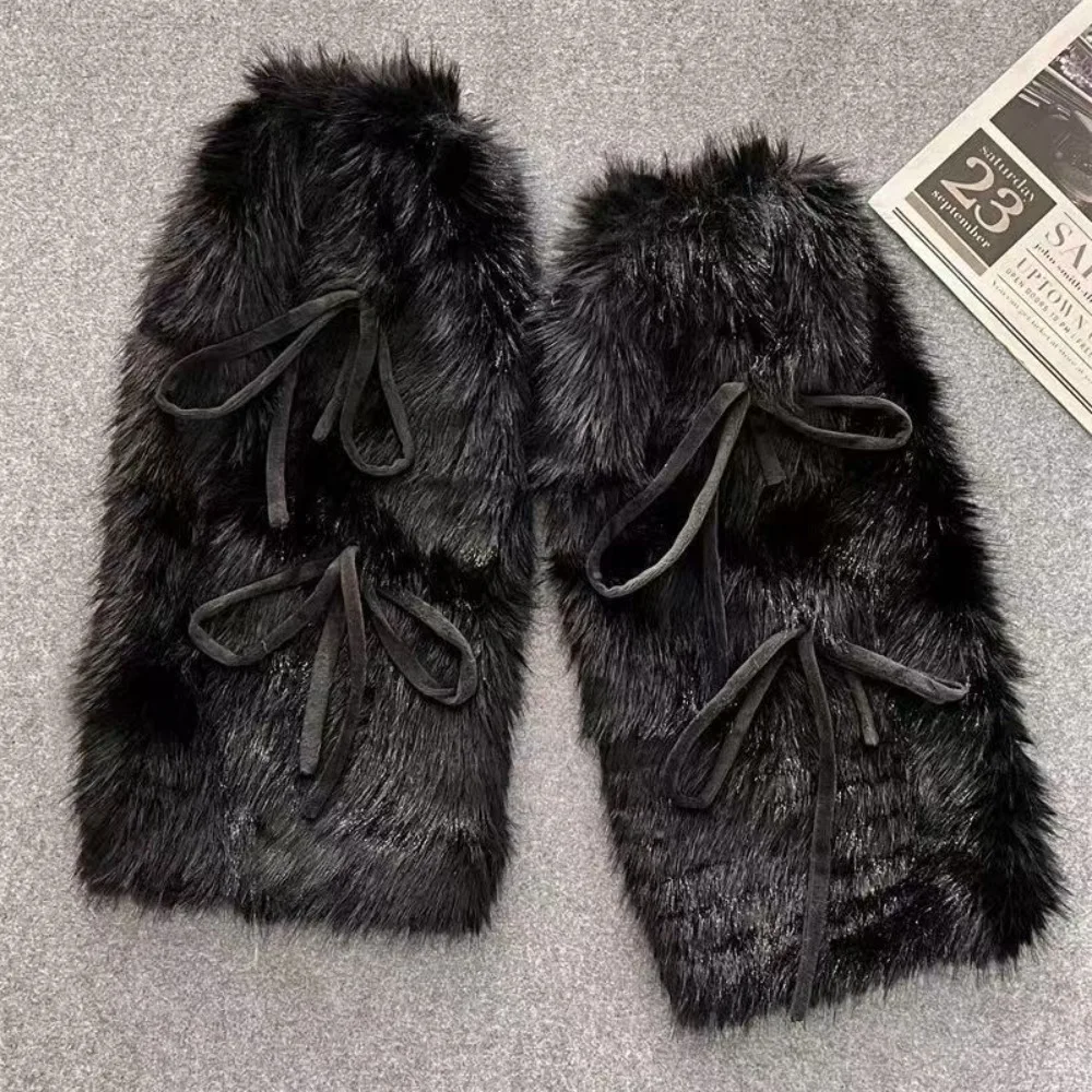 New Fuzzy Boot Cuffs Winter Warm Thickened Boot Cover Bowknot Ribbon Stockings Women Fashion