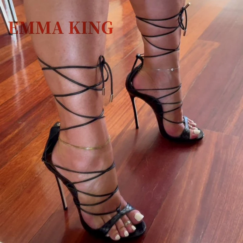 أسود Strappy الكعوب صنادل طراز جلاديتور ثعبان تنقش الدانتيل يصل خنجر مساء الصنادل الصيف النساء أصابع مفتوحة أحذية كبيرة الحجم #2